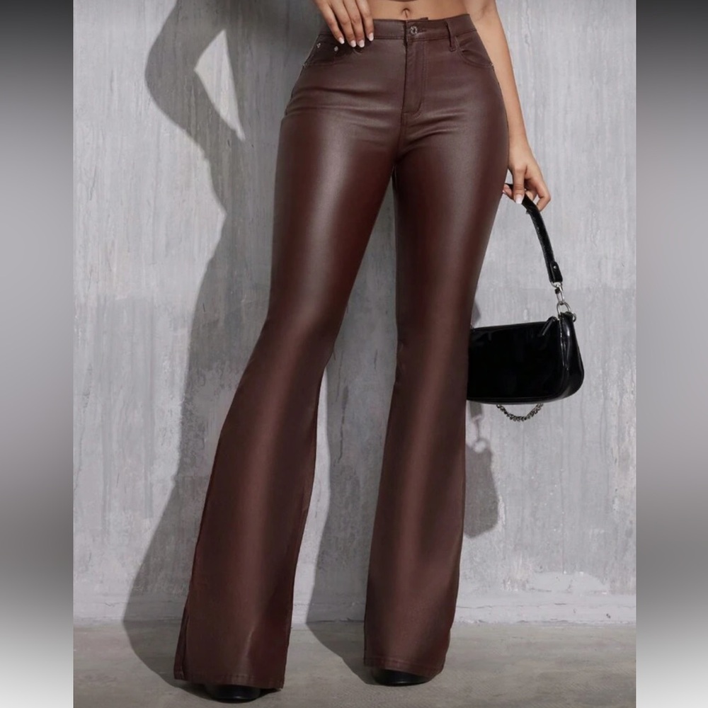 Brown  Flared Vegan Leather Pants